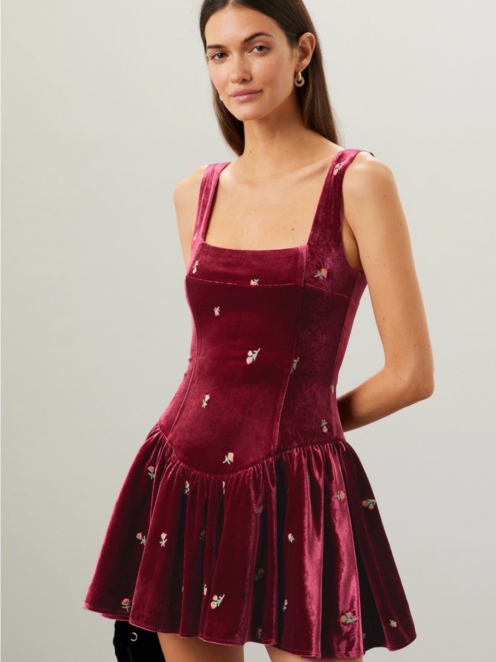 Kids Velvet Red Floral Jumper Dress